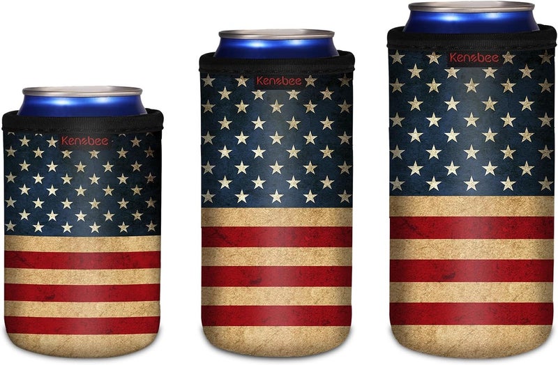 KENOBEE 3 Pack Can Cooler Sleeves for 12oz 16oz Can & 12oz Slim Can, Soft Insulated Reusable Non-Slip Neoprene Can Cooler Drink Caddies Holder Covers for Beer, Soda, Energy Drinks, US FLAG - Image 1
